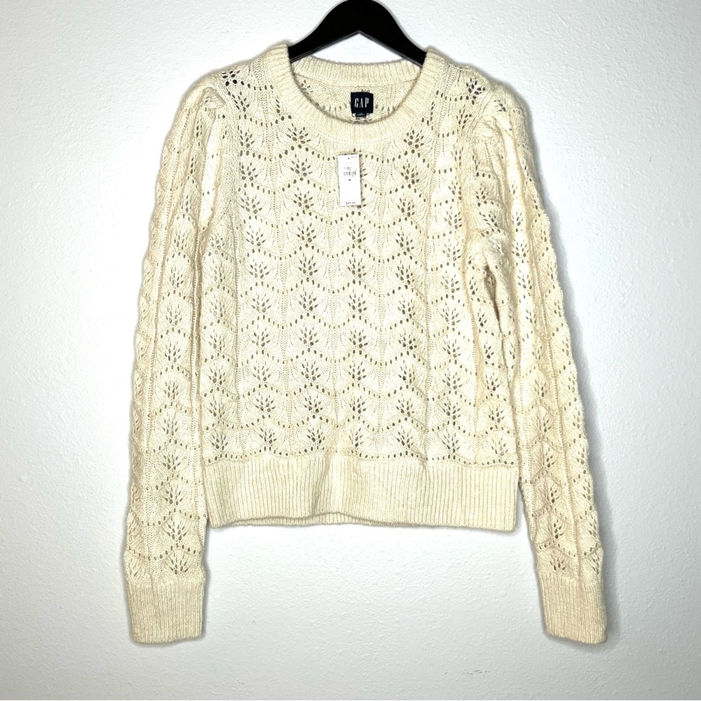 Gap Femme Pointelle Knit Sweater Cream Wool Blend Puff Sleeve Womens M Preppy
